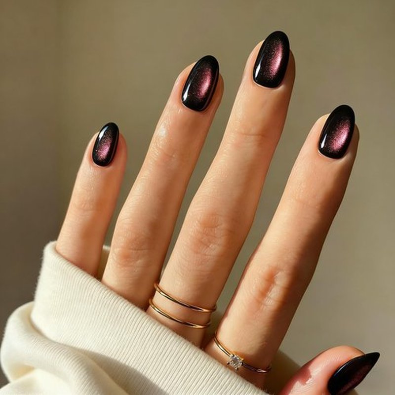 KXAMELIE Cat Eye Press on Nails Short Oval, Baby Pink Black Fake Nails with a Chrome Sparkle Finish, Glitter Gel Glue on Nails Press Ons Short, Cute Design, 30 Pcs 15 Sizes Reusable Thick Nail Set
