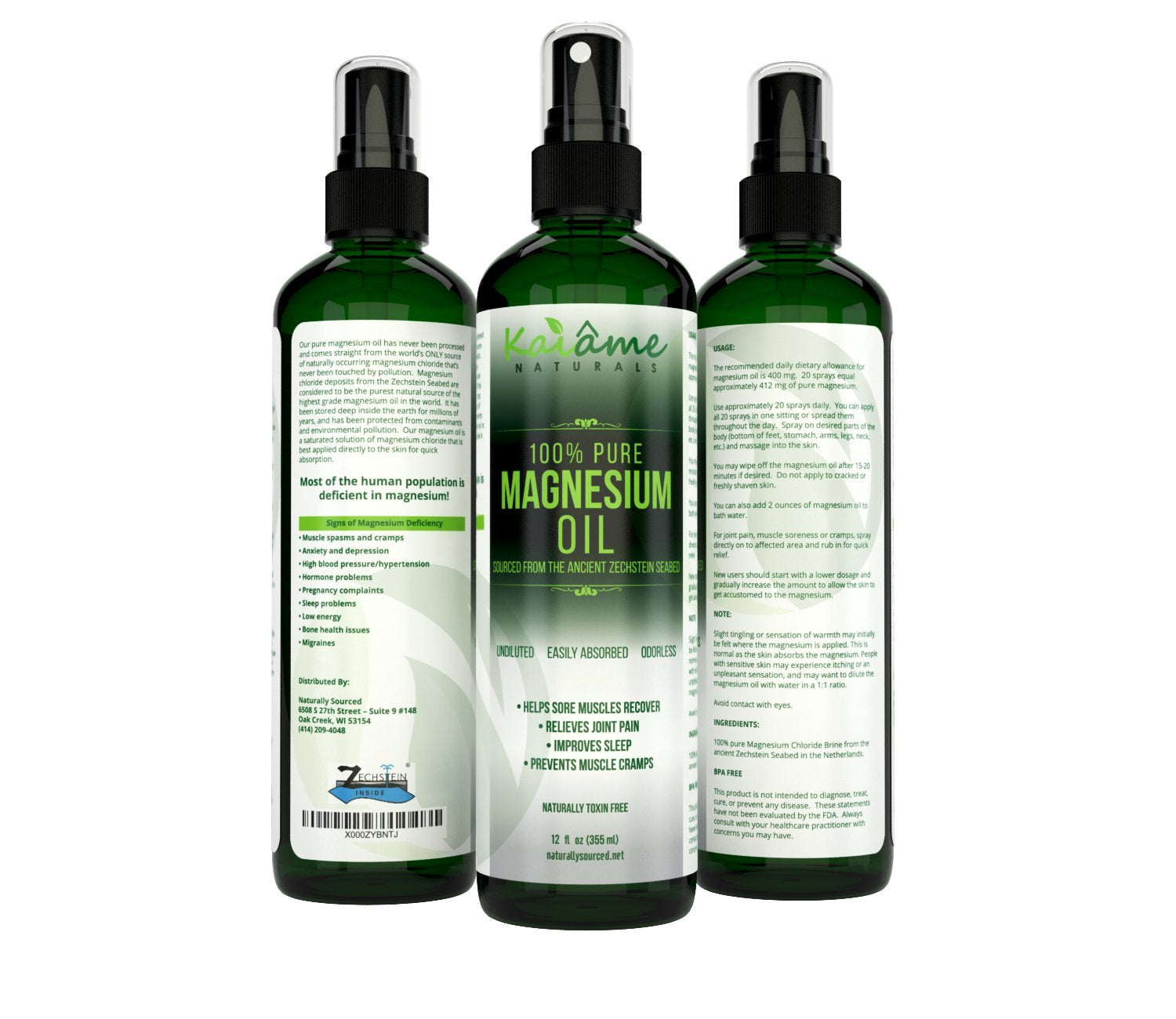 Kaiame Naturals Magnesium Oil Spray, Large 12 oz, Undiluted, Pure and Organic, Sourced from Ancient Zechstein Seabed
