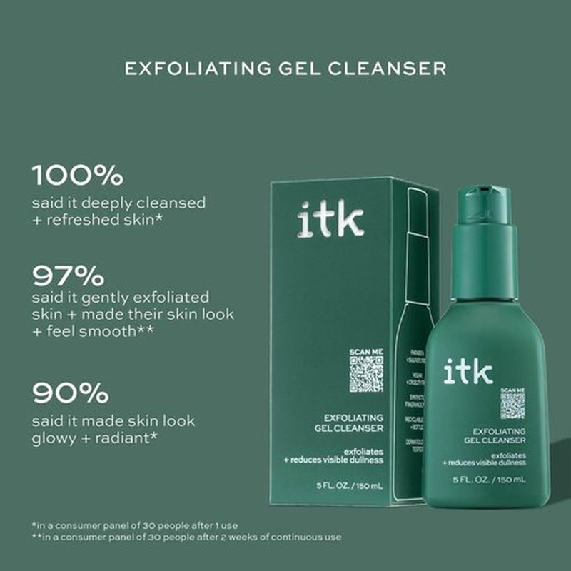 ITK Exfoliating Facial Gel Cleanser - Brightening Face Wash for Smooth, Even-Toned Skin - Glycolic Formula, 5 Fl Oz