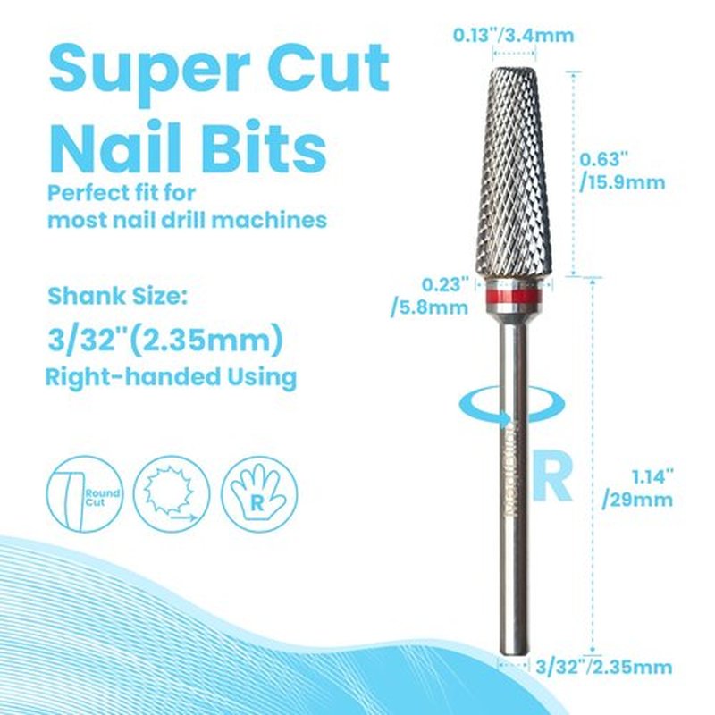 Super Cut 5-in-1 Nail Drill Bits, Tapered Barrel 3/32'' Safety Tungsten Bits, Upward Cut for Hard Gel Acrylic Removal, Right Handed for Nail Techs, Manicure Cuticle Gel Polishing, Fine