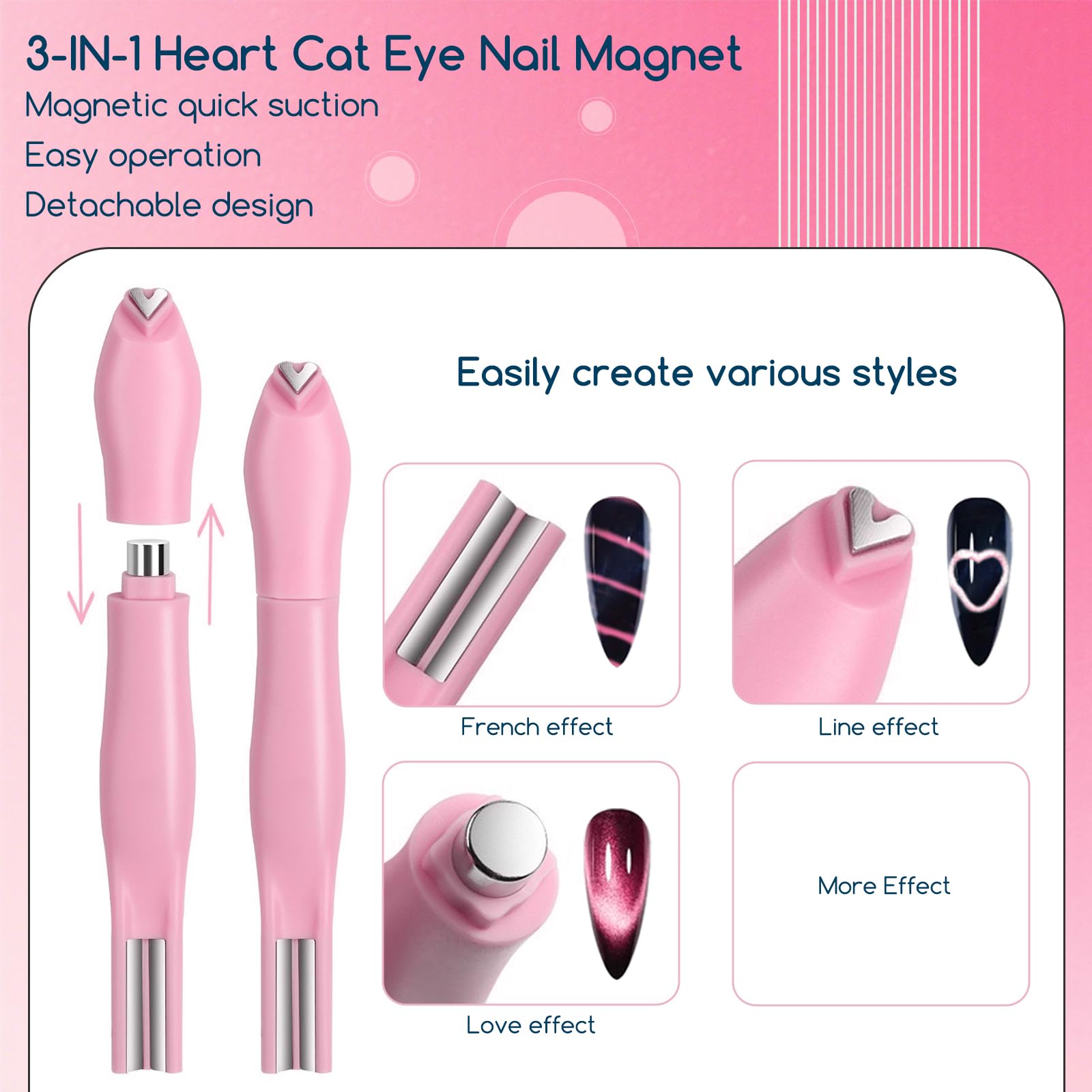 XEAOHESY 6 Pieces Cat Eye Magnet for Nails Multi-Functional 3-in-1 Nail Magnets Y-Shaped Metal Brackets for Heart Effect Heart Magnet for Nails Flower Cat Eye Magnetic Pen for Cat Eye Gel Nail Polish