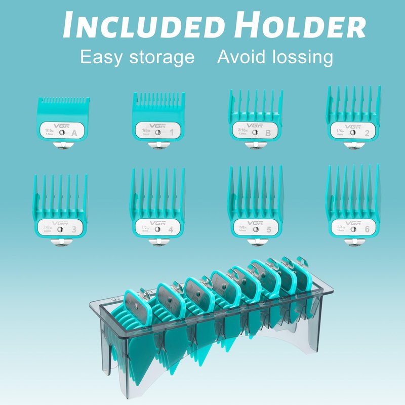 VGR 891 Professional Hair Clipper Attachment Comb Set，8 Pcs Hair Cutting Guide Combs with Limit Comb Rack for Most Hair Clippers，with Metal Clip，from 1/16 Inch to 3/4 Inch(1.5-19mm)
