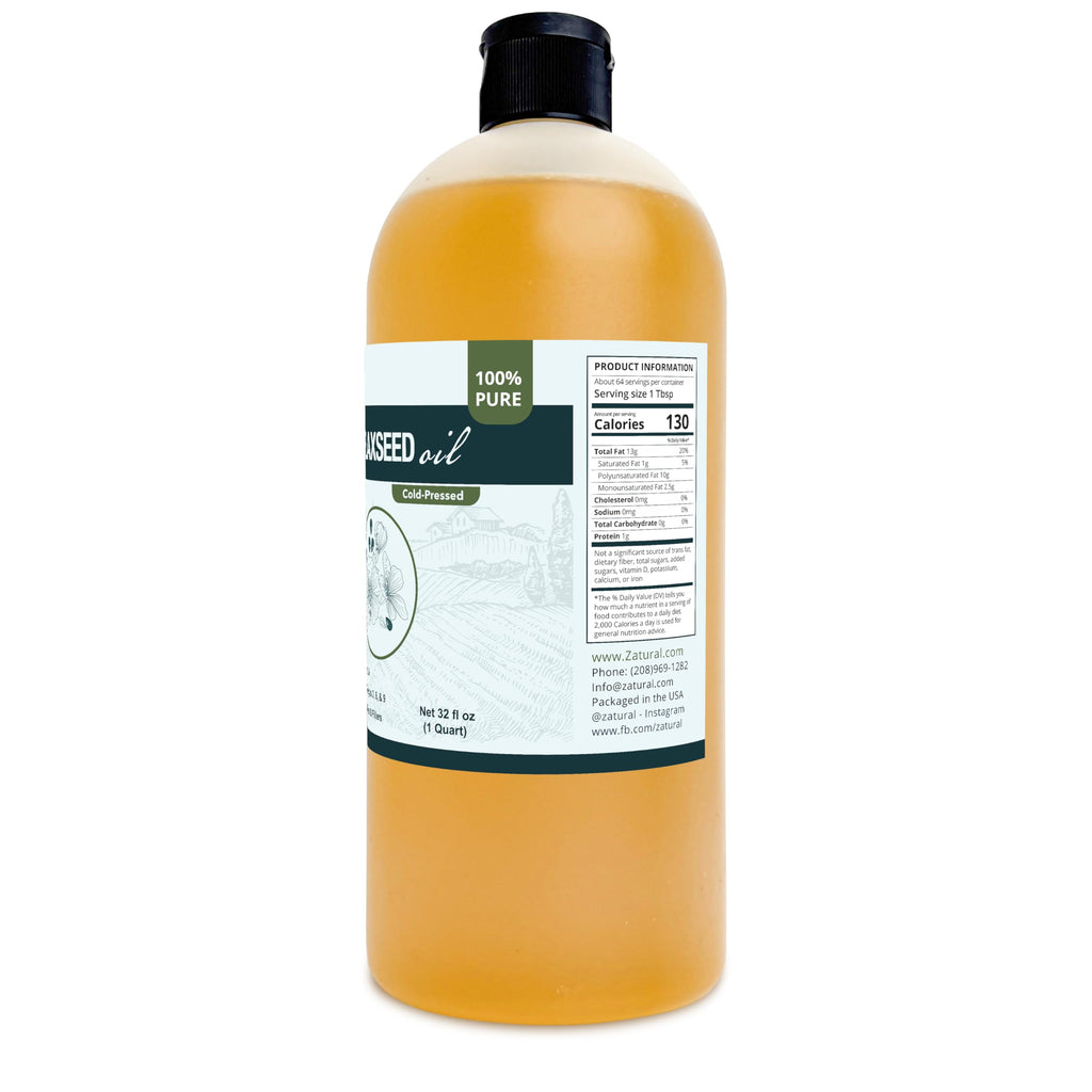 Zatural Cold Pressed Flaxseed Oil – 100% Pure Non-GMO Liquid Flax Seed Oil, Vegan Omega-3 ALA Rich, Perfect for Salads, Smoothies, Baking, Skincare & Hair (32 fl oz Bottle)