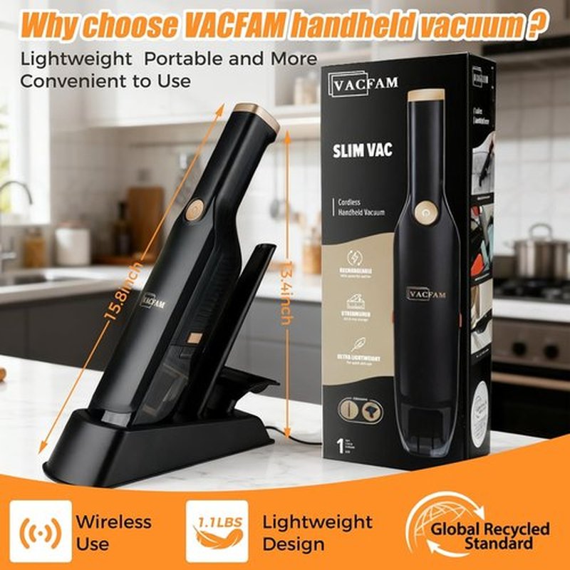 Skiennix Handheld Cordless Vacuum - 15KPA High Power with USB Quick Charge | Mini Dust Buster in Black