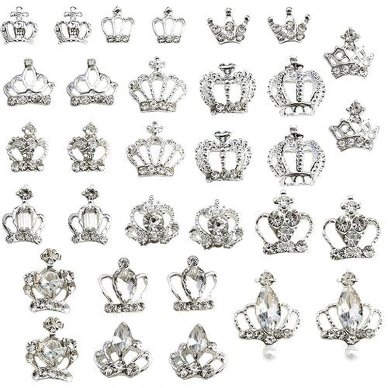 32pcs Rhinestone Metal Crown Nail Charms Shiny Silver Nail Rhinestones Exquisite Nail Art Design 3D Alloy Crown Nail Charms for Acrylic Nails Decorations Crystal Nail Jewels for Women Manicure