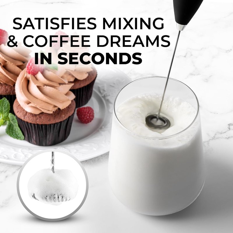 Zulay Kitchen Milk Frother - Handheld Electric Whisk for Lattes, Matcha & Protein - Durable Stainless Steel - Black
