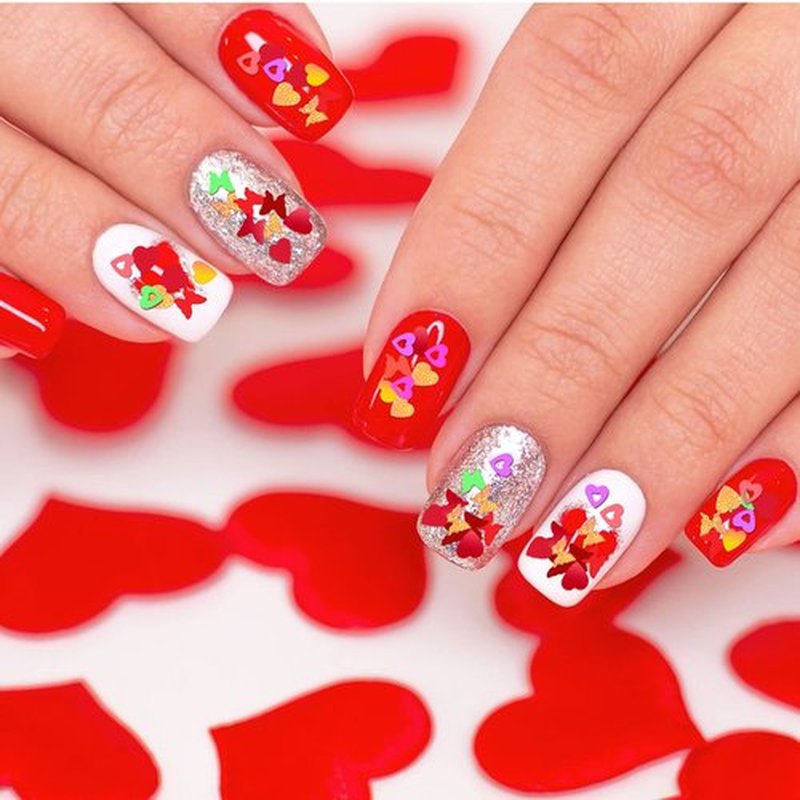 72 Set Valentine‘s Day Nail Charm 12 Pieces 3D Heart Nail Charm 48 Grids Heart Glitter Sequins for Valentine‘s Day Nail Art 12 Sheet Valentine‘s Day Nail Sticker with Nail Brushes Gems for Women Girls