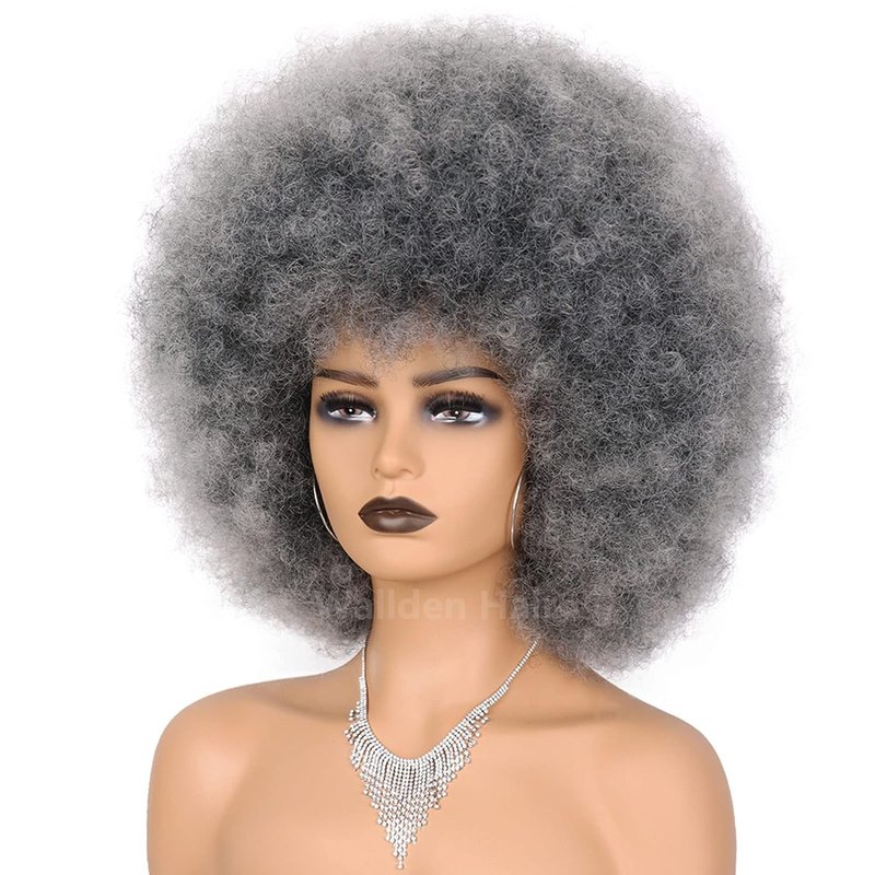 Wallden Hair Grey Afro Wigs for Black Women Short 70s Afro Curly Puff Wig Large Bouncy and Soft Heat Resistant Synthetic Colored Wigs for Daily Party Cosplay Use(Gray,10inch)