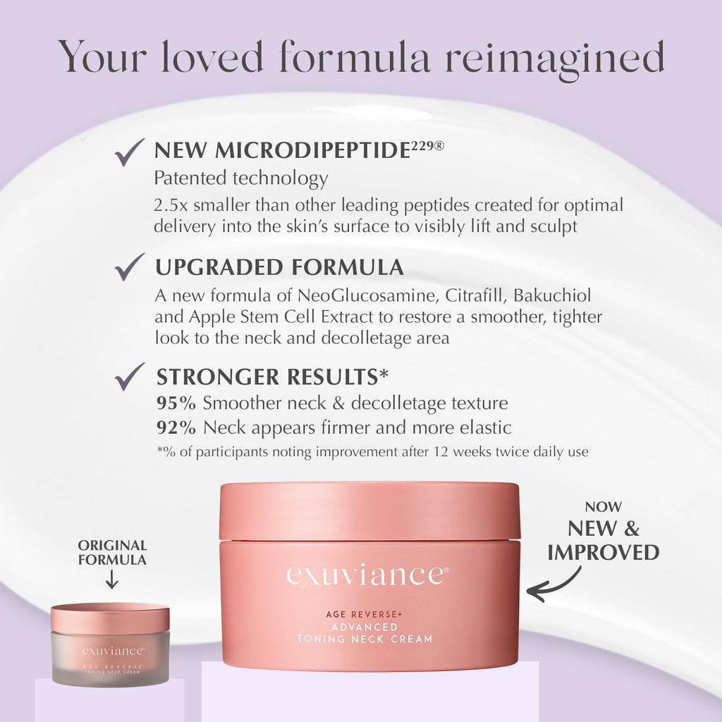 EXUVIANCE AGE REVERSE+ Toning and Firming Neck Cream, Tightens Fine Lines and Wrinkles, Evens Tone, Anti-Aging Décolletage Moisturizer with Advanced Peptide Formula, Bakuchiol, Vitamin E, 4.4 oz