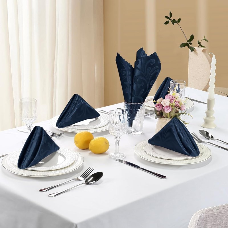 Aormenzy Navy Blue Satin Napkins - 17 x 17 Inches, Elegant Floral Pattern, 50 Pack Set