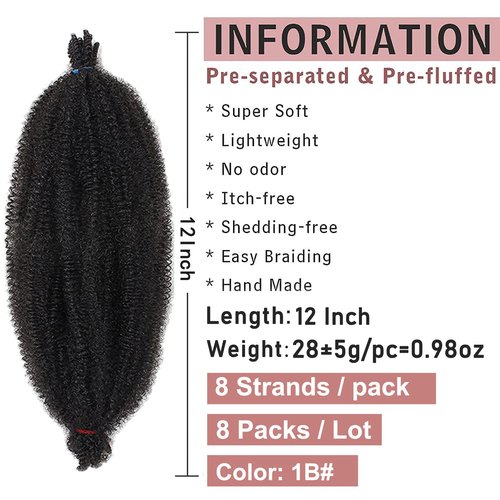 8 Packs Pre Separated Springy Afro Twist Hair 12 Inch Short Spring Twist Hair For Distressed Soft Locs Natural Black Marley Twist Crochet Braiding Hair Synthetic Hair Extension(8 Strands/Pack,1B#)