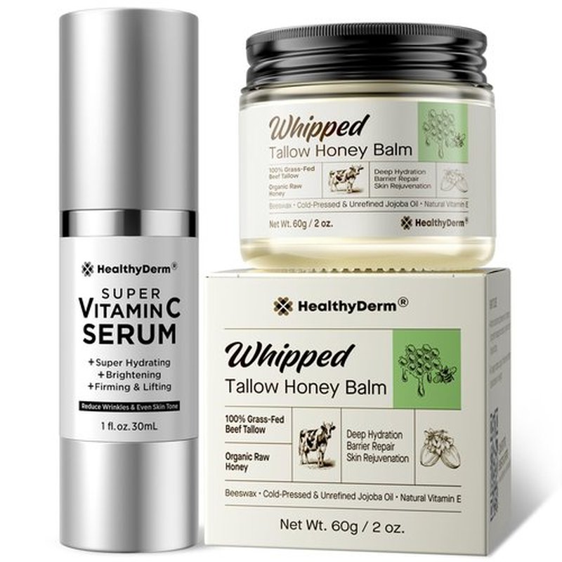 Super Vitamin C with Beef Tallow Honey Balm for Skin Duo – with Peptides & Niacinamide for Face Wrinkles, Lifting, & Age Spots | Complete Anti-Aging Skincare Set for Restoring Radiance to Mature Skin