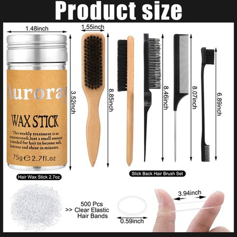 Boar Bristle Slick Back Hair Brush Comb with Wide Boar Bristle Brush,Hair Wax Stick,500PCS Elastic Rubber Bands for Women and Men Sectioning,Parting