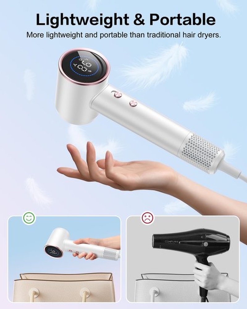 Hair Dryer with Diffuser,High Speed Ionic Blow Dryer 500 Millions Negative Ionic Low Noise,Magnetic Attachments,Thermo Control for Home Travel Salon White