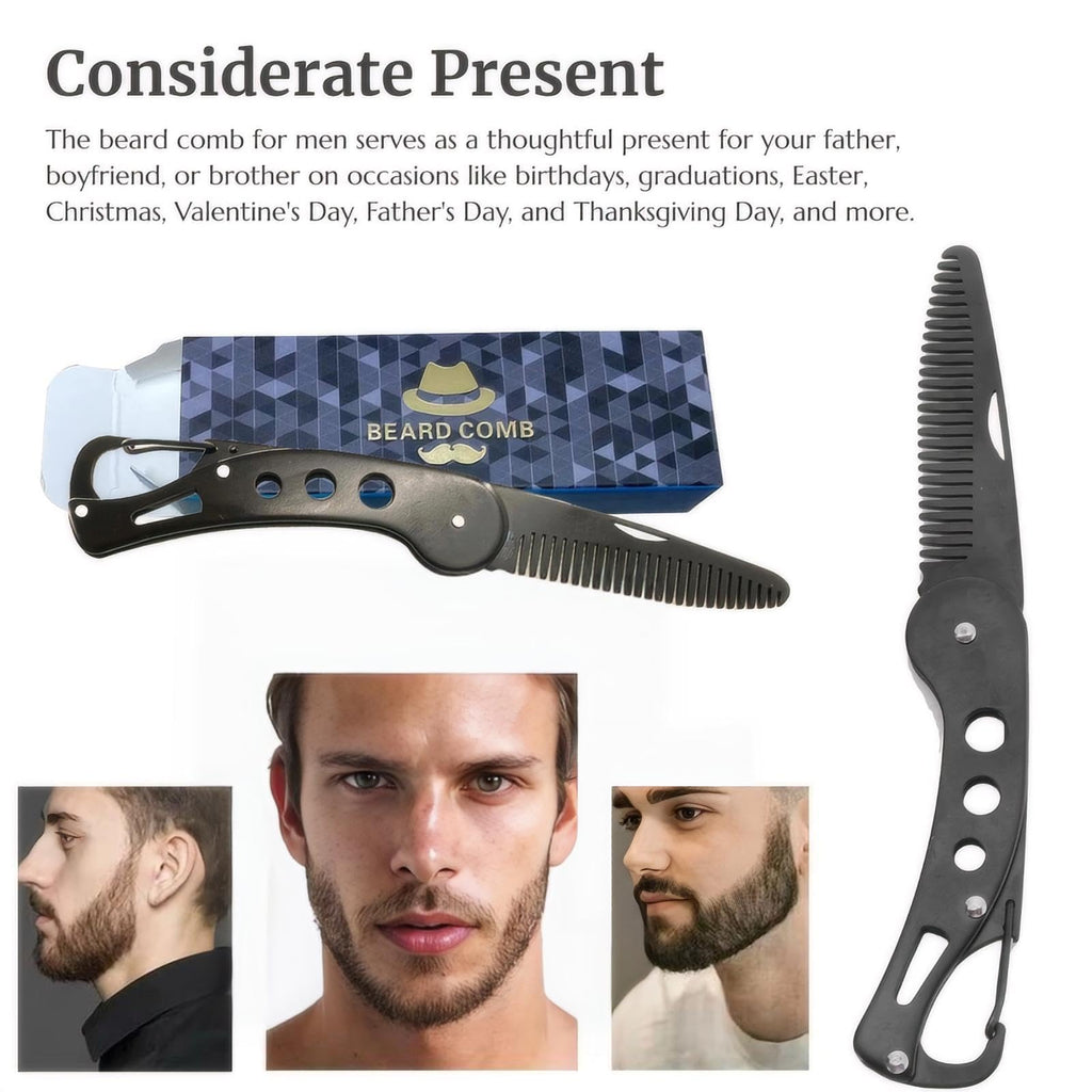 KINTEGOOD Stainless Steel Folding Beard Comb, Portable Mustache Comb, Beard Grooming Kit - Black