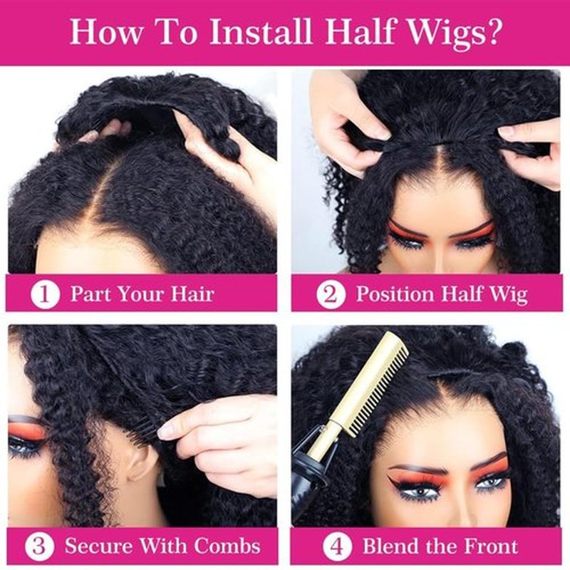 GIESWY Half Wig Human Hair Kinky Curly 200 Density 3 In 1 Seamless Flip Over headband wig human hair Glueless Wear and Go Beginner Friendly Kinky Curly Wig Human Hair Headband Wig for Women(20inch)