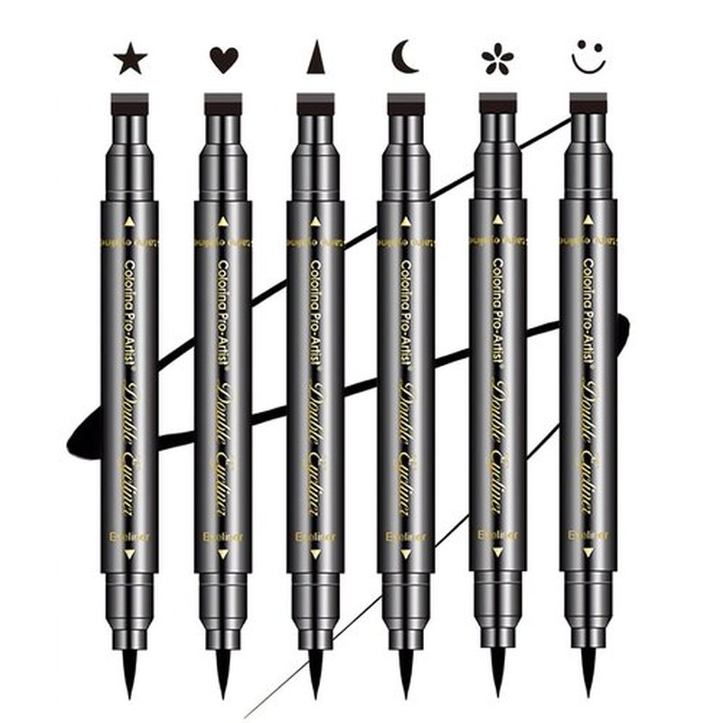 SUMEITANG 6 Pcs Double-headed Eyeliner Stamps Set Black Liquid Eye Liner Pen With Star,Moon,Heart,Flower,Smiley,Triangle Stamp Stencils Shapes for Women Makeup Kit Long-Lasting Waterproof Smudgeproof