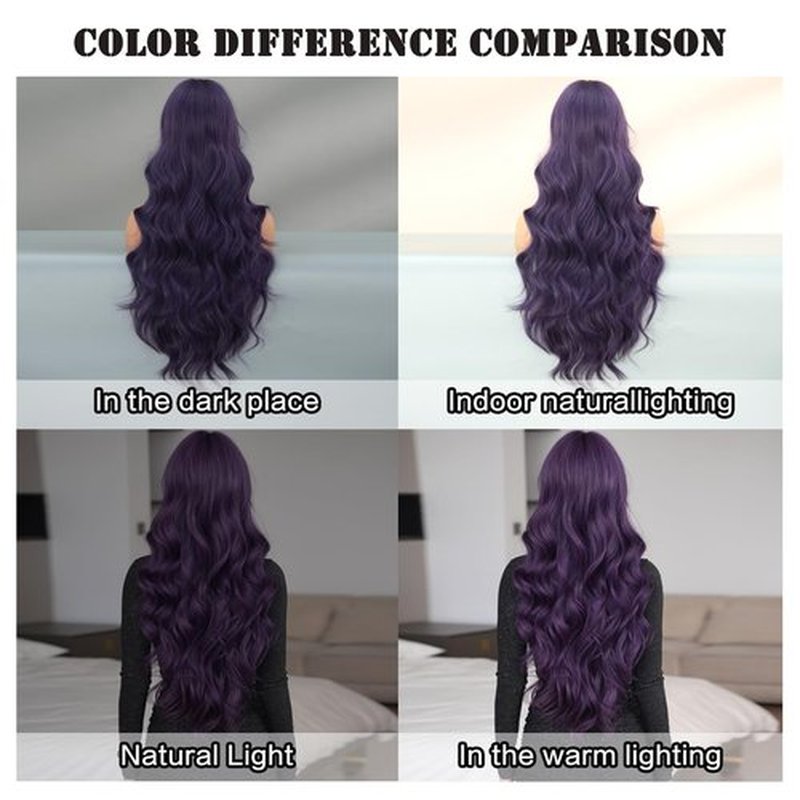 7JHH WIGS 31in Purple Long Water Body Wavy Wigs with Curtain Bangs Natural Heat Resistant Synthetic Fiber Midlle Part Women Curly Wigs for Chrismas Daily Party Daily Used