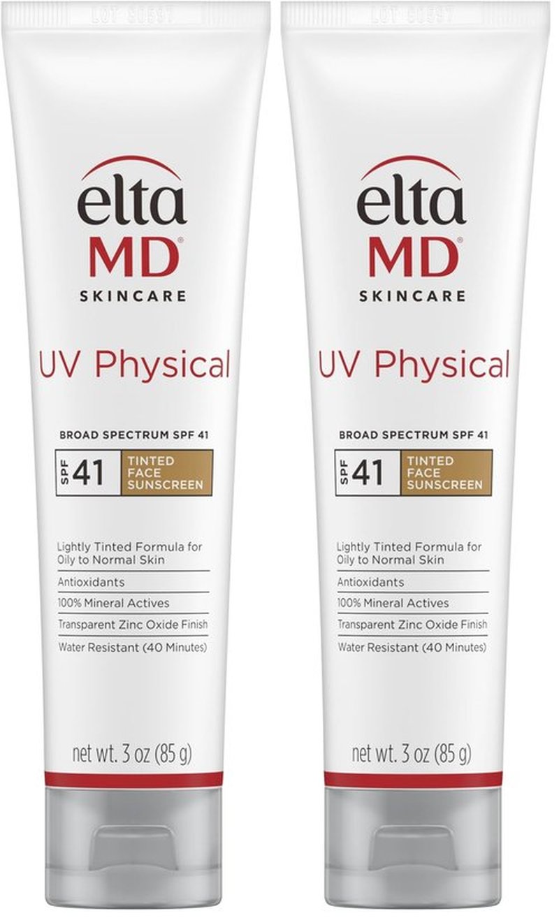 EltaMD UV Physical Tinted Mineral Sunscreen for Face SPF 41,100% Mineral Actives Tinted Face Lotion, Water Resistant, Paraben-Free, Transparent Zinc Oxide Finish,Travel Size Sunscreen 3 oz,(Pack of 2)