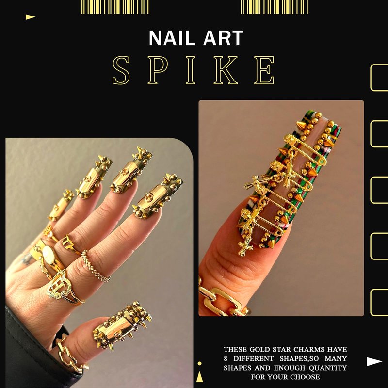 YAEISM 135PCS Gold Nail Charms 3D Nail Spikes Shiny Gold Nail Crosses Alloy Star Nail Charms Punk Goth Pin Planet Nail Art Gems for Women and Girls