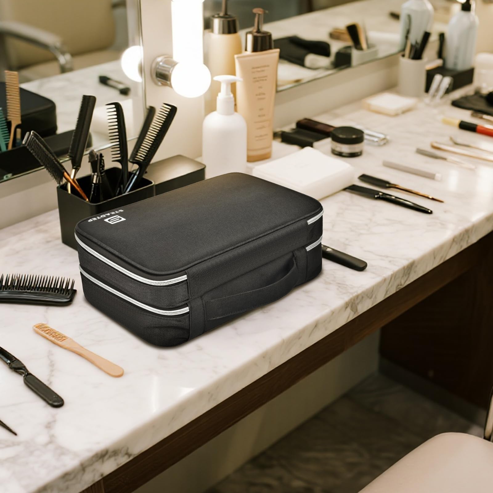 Steadtep Barber Clipper Organizer Bag, Double Layer Hair Clipper Case for Clippers, Guards, Scissors & Barber Supplies, Portable Travel Barber Bag with Transparent Guard Pockets (BLACK, LARGE)