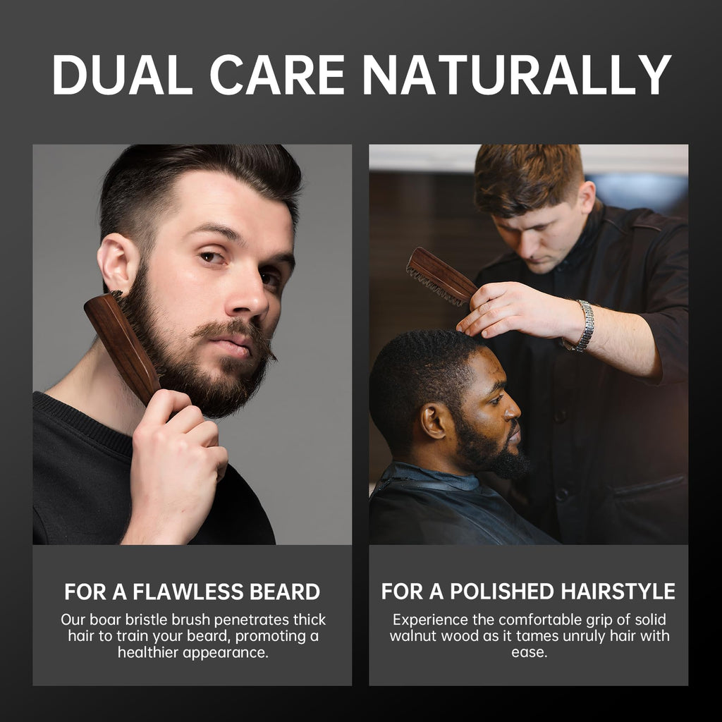 MenGate Boar Bristle Beard Brush for Men - Wooden Beard Brush and Slick Back Hair Brush with Metal Comb Keychain, Perfect for Home and Travel Use - Regular