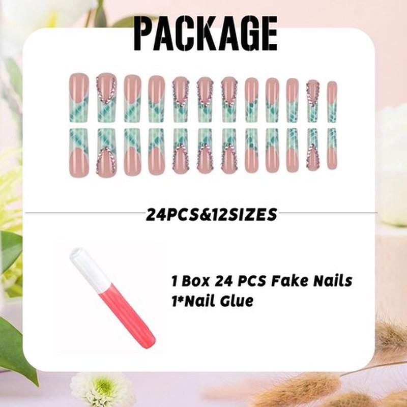 IMSOHOT Long Square Press on Nails Green Crocodile Print French Tip Fake Nails with Rhinestone Designs Full Cover Glossy Acrylic False Nails for Women 24Pcs