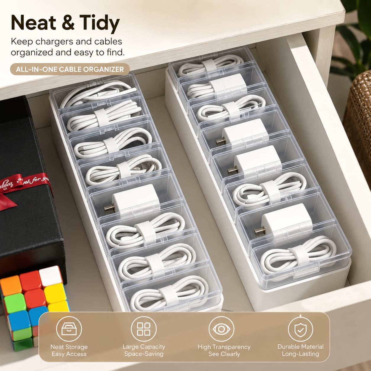 Cable Organizer Storage Box with 8 Wire Ties and Label Stickers,Desktop Charger Cable Management Box with Switch, Cord Organizer for Office,Home,Desk Accessories Storage Stationery Supplies（Clear）