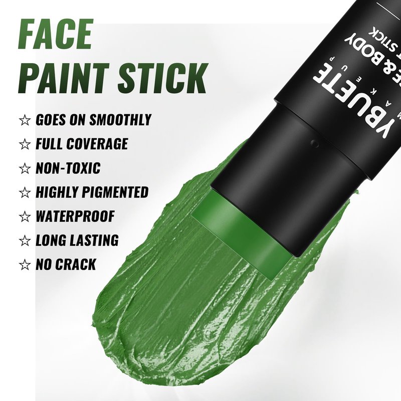 YBUETE Green Oil Based Face Body Paint Stick, Non-toxic Full coverage Face Painting for Halloween Cosplay Makeup Hulk Witch Monster Joker, Waterproof Cream Green Body Paint for Adults Costumes Party