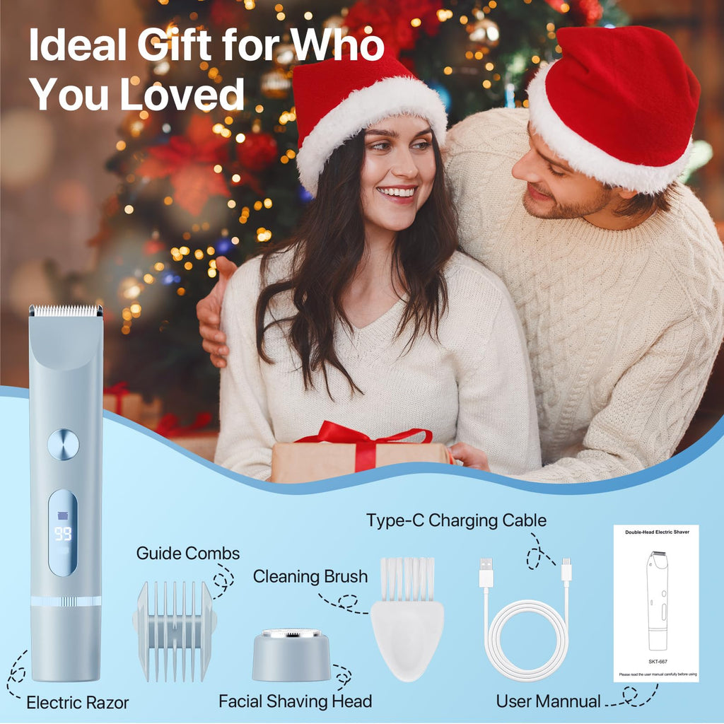 Bikini Trimmer for Women, Rechargeable 2-in-1 Electric Razor for Shower& Travel, IPX7 Waterproof Painless Hair Removal for Bikini Line, Legs, Underarms, Wet & Dry Hypoallergenic Ceramic Blade, Blue