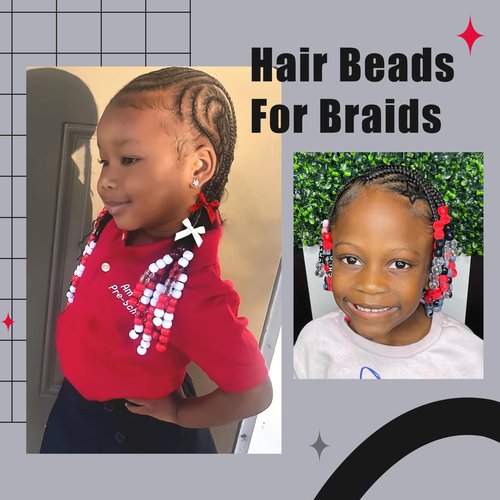 Arocooy 112PCS Hair Beads for Braids Satin Mini Hair Bows Red Non Slip Star Hair Clip 3 Styles Loc Dreadlock Large Pony Beads Hair Accessories for Girls Kids