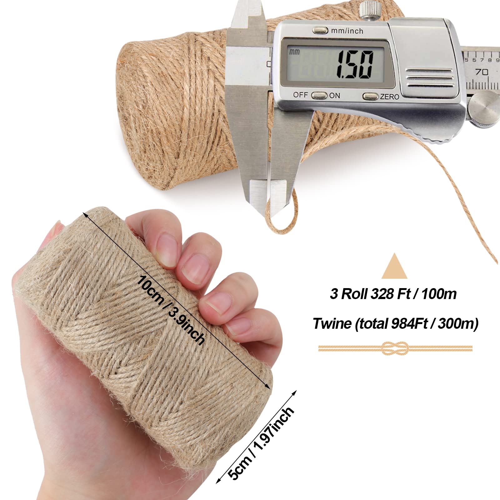 984 FT Natural Jute Twine, 3ply Thin Ribbon Hemp Twine for Gardening, Plant, Gift Wrapping, Art, Wedding Decoration, Packing, Bulk (3 Roll)