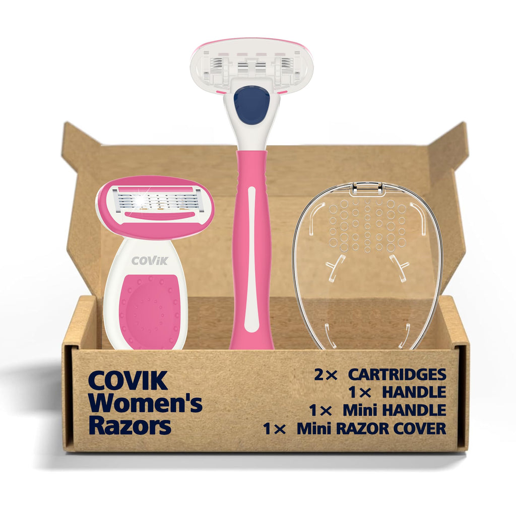 Covik Shave - Razor Handle for Women, 5-Blade Refills, Travel Razors & Mini Razor Blade Cover, Cute and non-slip Handle, for Travel, Pink