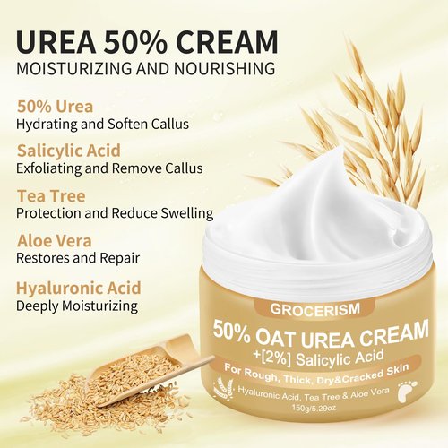 Grocerism Urea Cream 50 Percent for Feet 5.29 oz with Oat and 2% Salicylic Acid, Foot & Hand Cream included Hyaluronic Acid, Tea Tree and Aloe Vera for Deep Moisturizing, Callus Removing 2 Packs