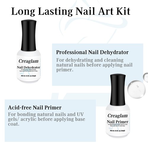 Creaglam 5-Piece Gel Nail Prep Kit - 15ml Nail Dehydrator, Primer, Base Coat, Glossy & Matte Top Coat Set - Long Lasting, Quick Drying, Acid-Free for Professional Acrylic & Gel Nail Art