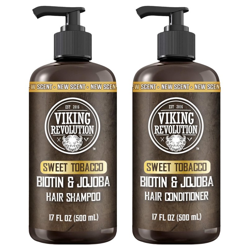 Viking Revolution Sweet Tobacco Men's Shampoo & Conditioner Set - Biotin & Jojoba Oil for Thinning Hair (17 Oz)