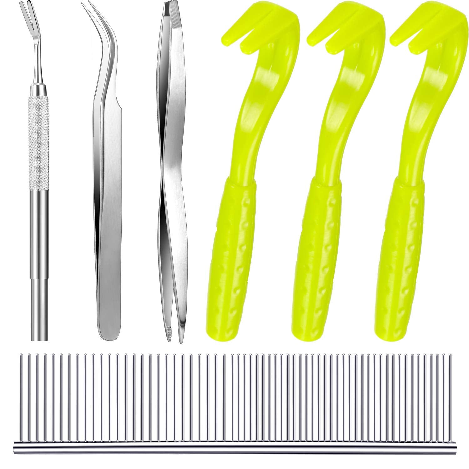 Boao 7 Pcs Tick Removal Tool Kit, Include 3 Plastic Removers, 3 Stainless Steel Tweezers with Comb for Dog and Cats(Fluorescent Green)