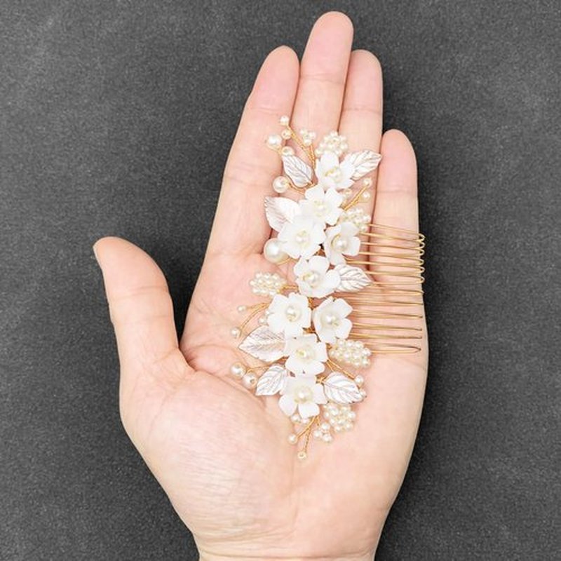 BETITETO Bridal White Hair Comb Pearl Leaf Ceramic Flower Hair Pin Piece Accessories for Wedding Women