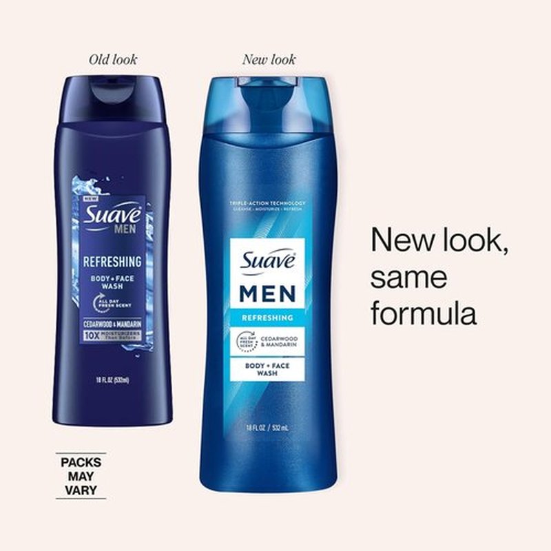 Suave Men Moisturizing Body & Face Wash - Cedarwood & Mandarin Scent | Paraben-Free, 18 Oz (Pack of 6)