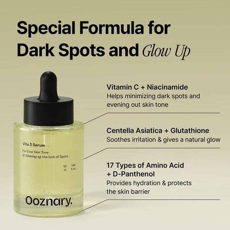 Ooznary Vita 3 Serum with Vitamin C Derivatives and Niacinamide plus Glutathione for Uneven Skin Tone & Dull Skin | Korean Skin care | 1.69 fl.oz 50ml