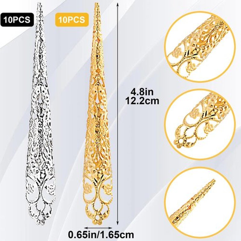 HINZIC 20pcs Finger Nail Claw Ring, Halloween Goth Fingertip Claw Finger Knuckle Protector, Ancient Queen Costume Metal Nail Ring Decoration Accessories for Cosplay Show Drama Dance- Gold & Silver
