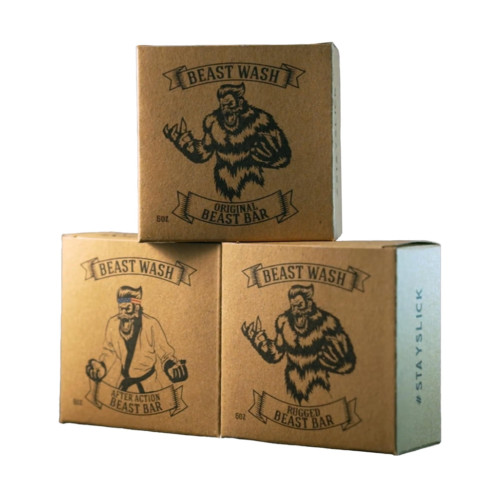 Johnny Slicks Beast Bar Soap Kit | Organic Body Wash Mens Bar Soap, Handmade with Clean & Chemical-free Ingredients (Coconut Oil, Charcoal, Tea Tree Oil), Original, Rugged, & After Action 3-Pack