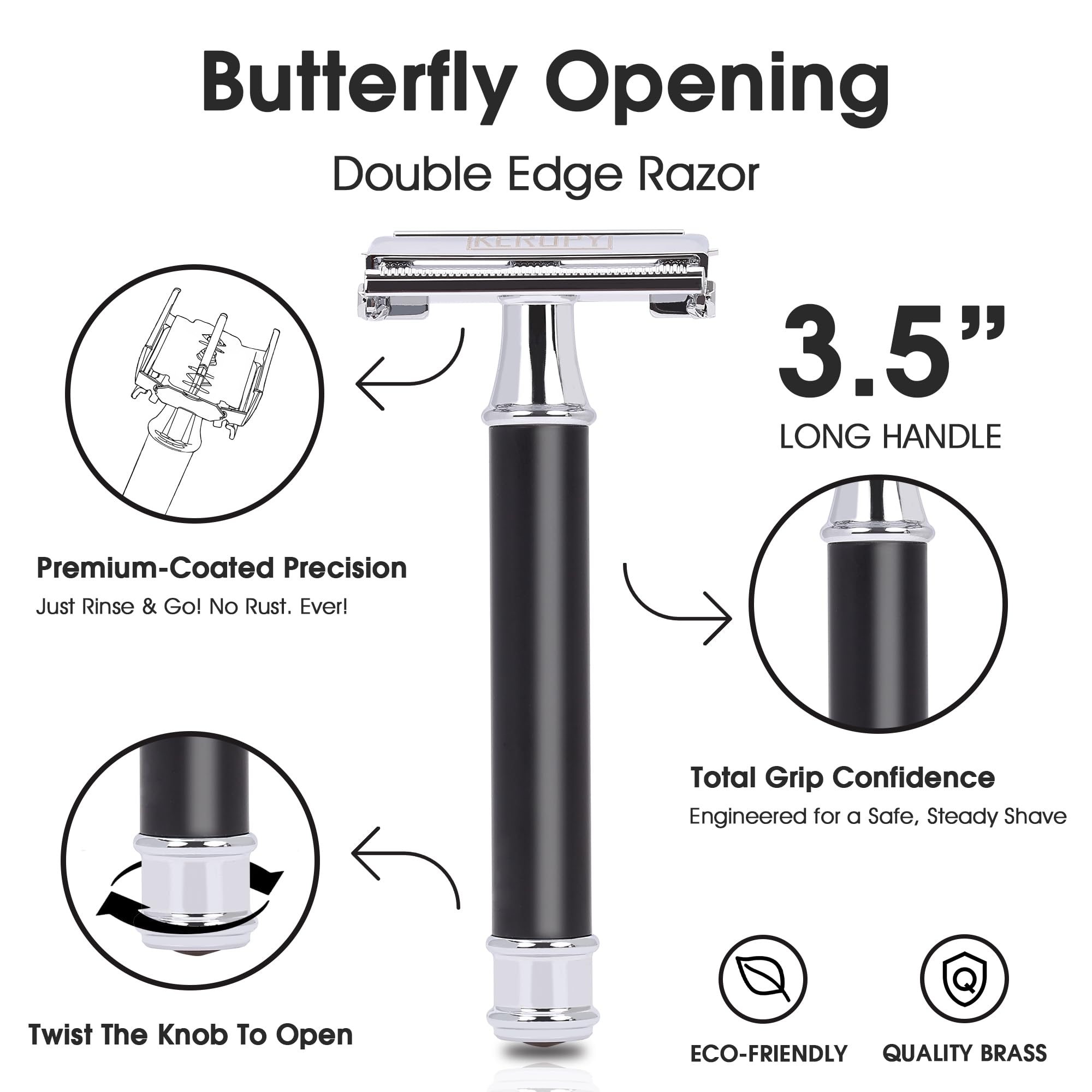 Mens Safety Razor, Black Matte Finish Heavy Weight DE Safety Razor for Wet Shaving, includes 10 Keropy Blades - Vintage Classic Design, Non-Slip Handle - Ideal Gift for Men, Father's Day, Birthday