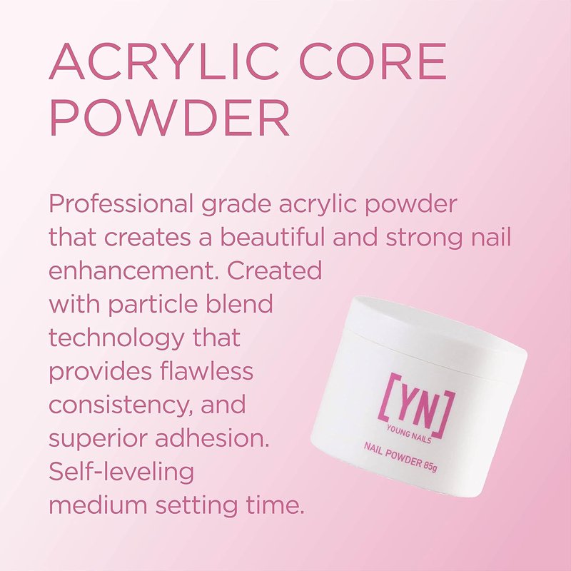 Young Nails Acrylic Core Powder - Professional Self-Leveling Nail Powder for Extensions | Clear, Nude, Pink, White - 85g
