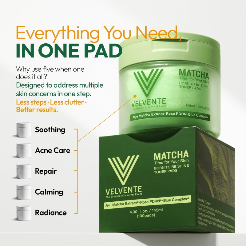 VELVENTE Matcha Toner Pads with Rose PDRN, Peptides & Hyaluronic Acid | Korean Facial Pads for Dark Spot, Acne Prone & Uneven Skin Tone, Soothing Radiant Skin, Makeup Prep Daily Skincare, 100 Pads