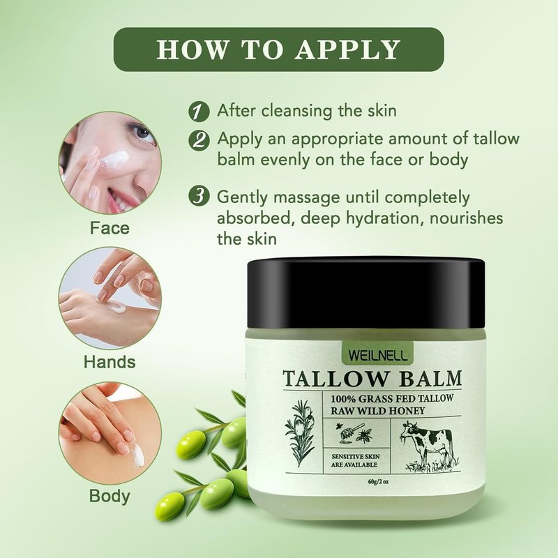 WEILNELL Beef Tallow and Honey Balm for Skin - All-Natural Moisturizer Hydrates and Nourishes the Skin, Grass-Fed Beef Tallow & Honey Balm Blend, Deeply Moisturizing for Face & Body Natural Skin Care
