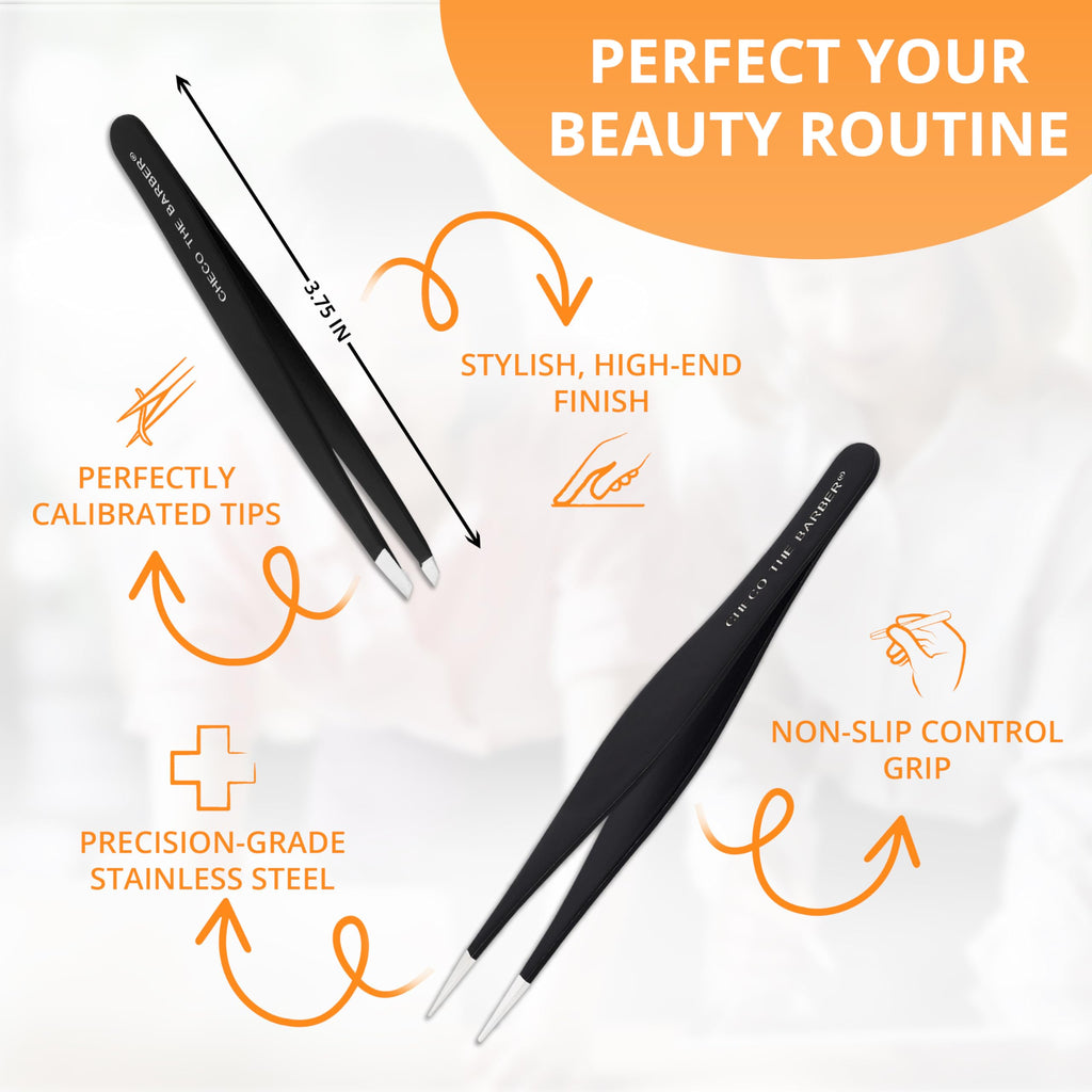 Premium 2-Piece Tweezer Set Hand-Finished Stainless Steel Slant & Pointed Tips for Precise Hair Removal