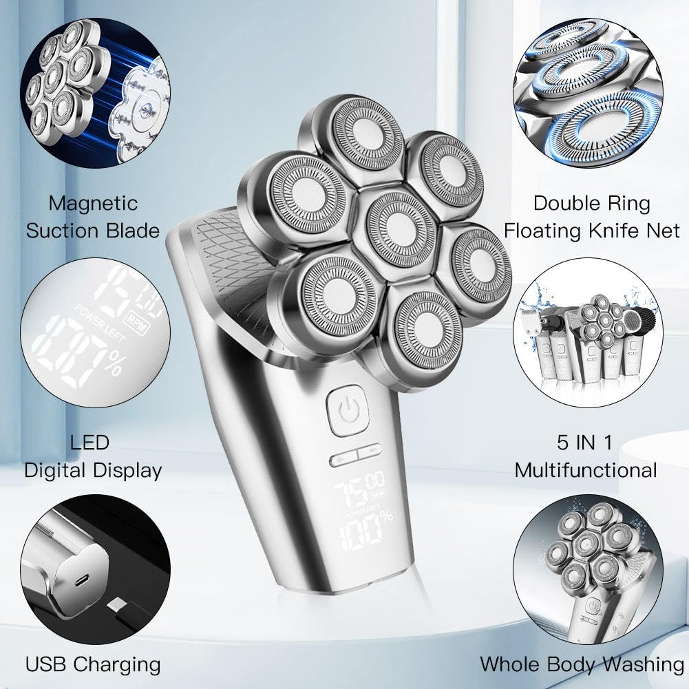 Head Shavers for Bald Men Electric Razor Detachable 7D Head Rotary Shavers, Nose Ear Face Body Hair Trimmer with Clippers IPX8 Waterproof Dry Wet Cordless Rechargeable Grooming Shaver