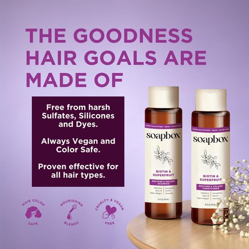 Soapbox Biotin & Superfruit Shampoo & Conditioner Set | Includes Vegan Collagen, Aloe and Shea Butter | Paraben Free, Silicone Free, Harsh Sulfate Free | 16oz (Pack of 2)