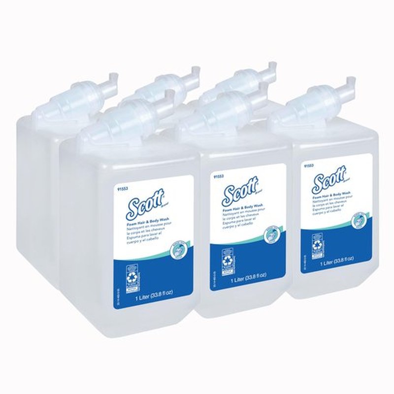 Scott Professional Foam Hair and Body Wash (91553), 1.0 L, Foaming, Light Blue, Fresh Scent, Manual Refills, (6 Bottles)